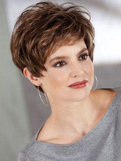 Braun Kurz Pixie Cut Gerade Kappenlos Echthaar Perücken Mit Dem Pony 8 Inches