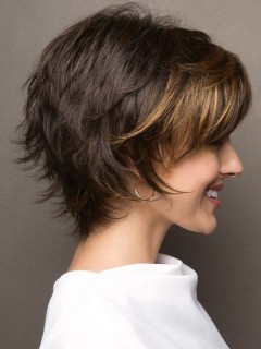 Layered Braun Kurz Kappenlos Echthaar Perücken 8 Inches
