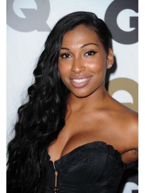 Melanie Fiona Deep Side Parting Lang Schwarz Locking Perücken