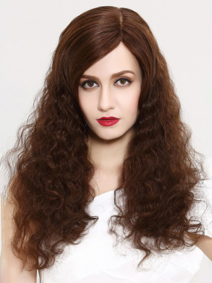 Braun Lockig Remy Echthaar Lang Lace Front Perücke