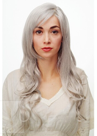 Volle Spitze graue lange wellenförmige synthetische Haar Perücke