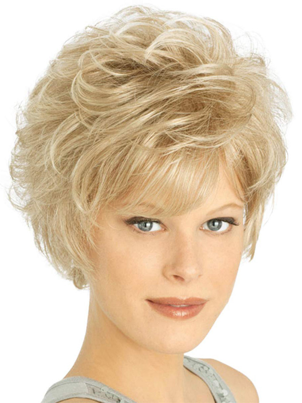 Blond Kurz Pixie Cut Gerade Kappenlos Kunsthaar Perücken Mit Dem Pony 8 Inches